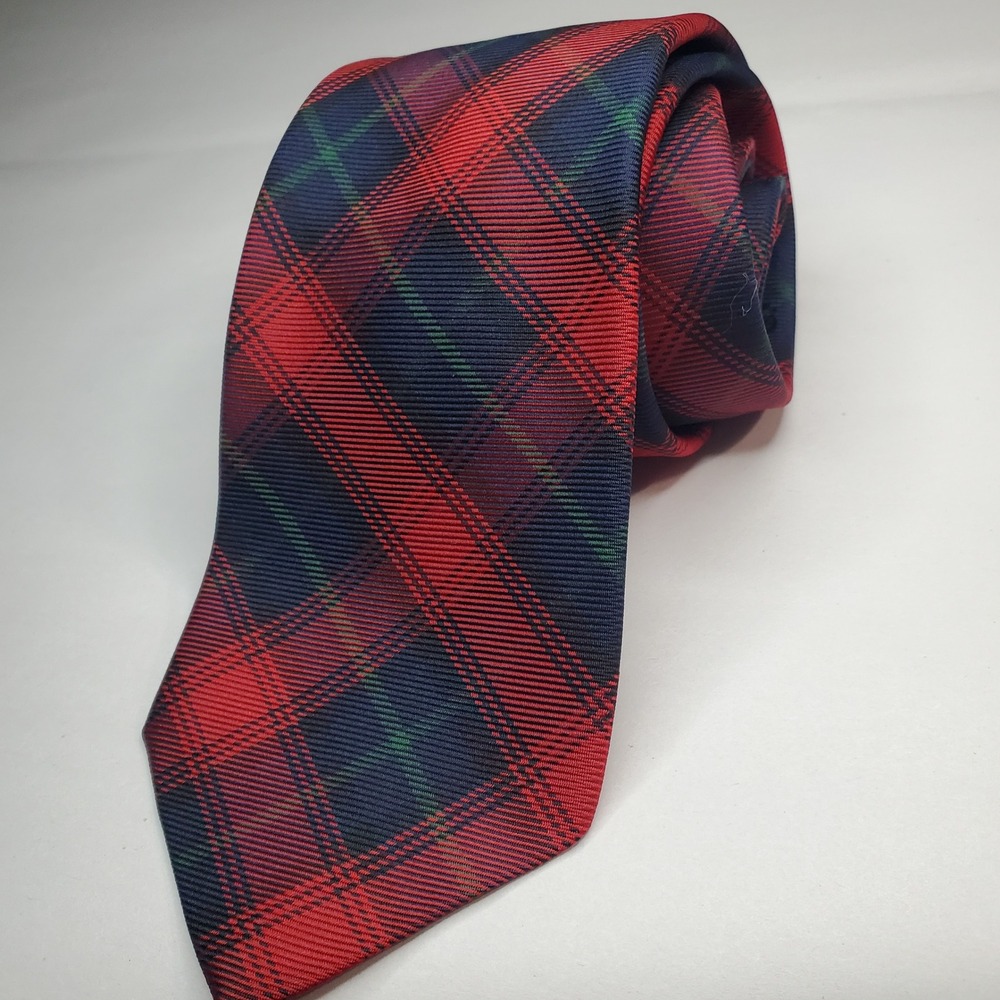 Robert Talbott Hand Sewn Silk Tie Red Navy Blue Green Plaid Samaritan McKibbin